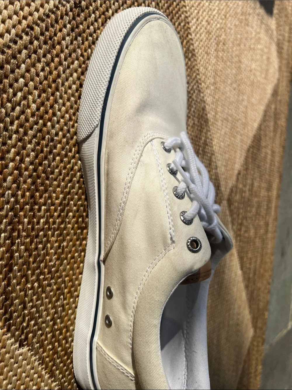 Sperry White Canvas Men's Boat Shoes with Tan Accents Size 11